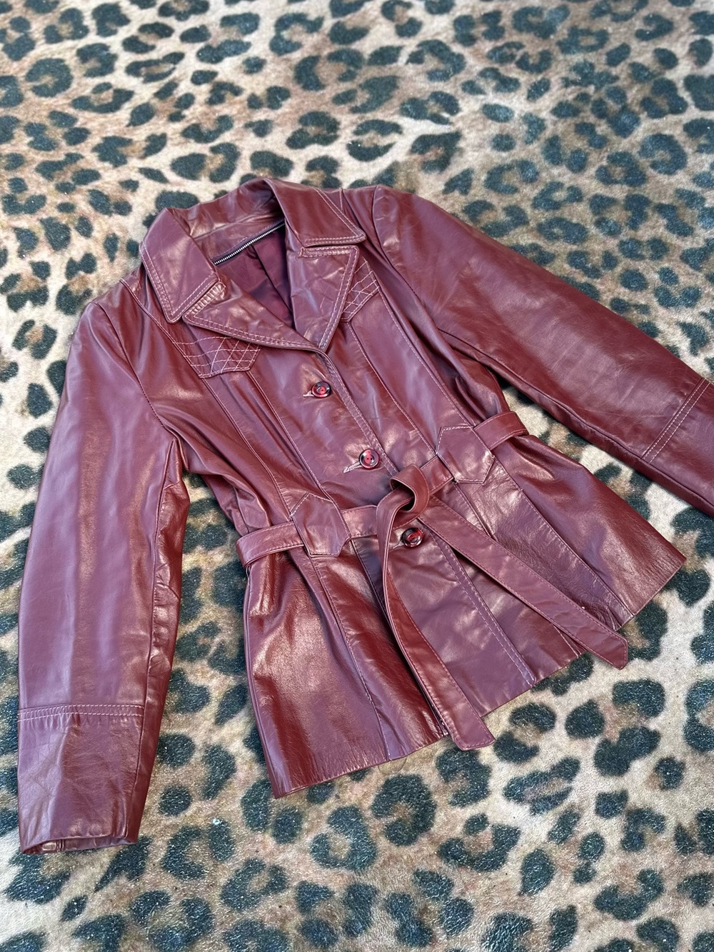 Vintage 1970s Button Oxblood Burgundy Leather Belted Jacket Retro Size small